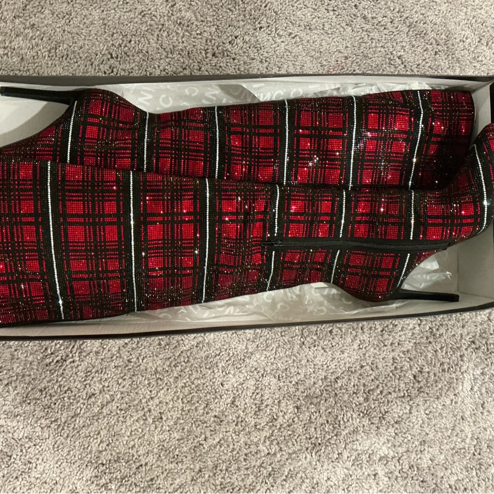 INC International Concepts Red and Black Plaid rhinestone boots OTK Boots - Picture 5 of 9